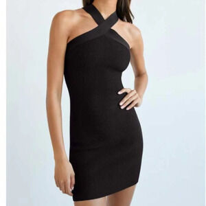 Sincerely Jules Ribbed Knit Criss Cross Mini Dress Black  Size Medium